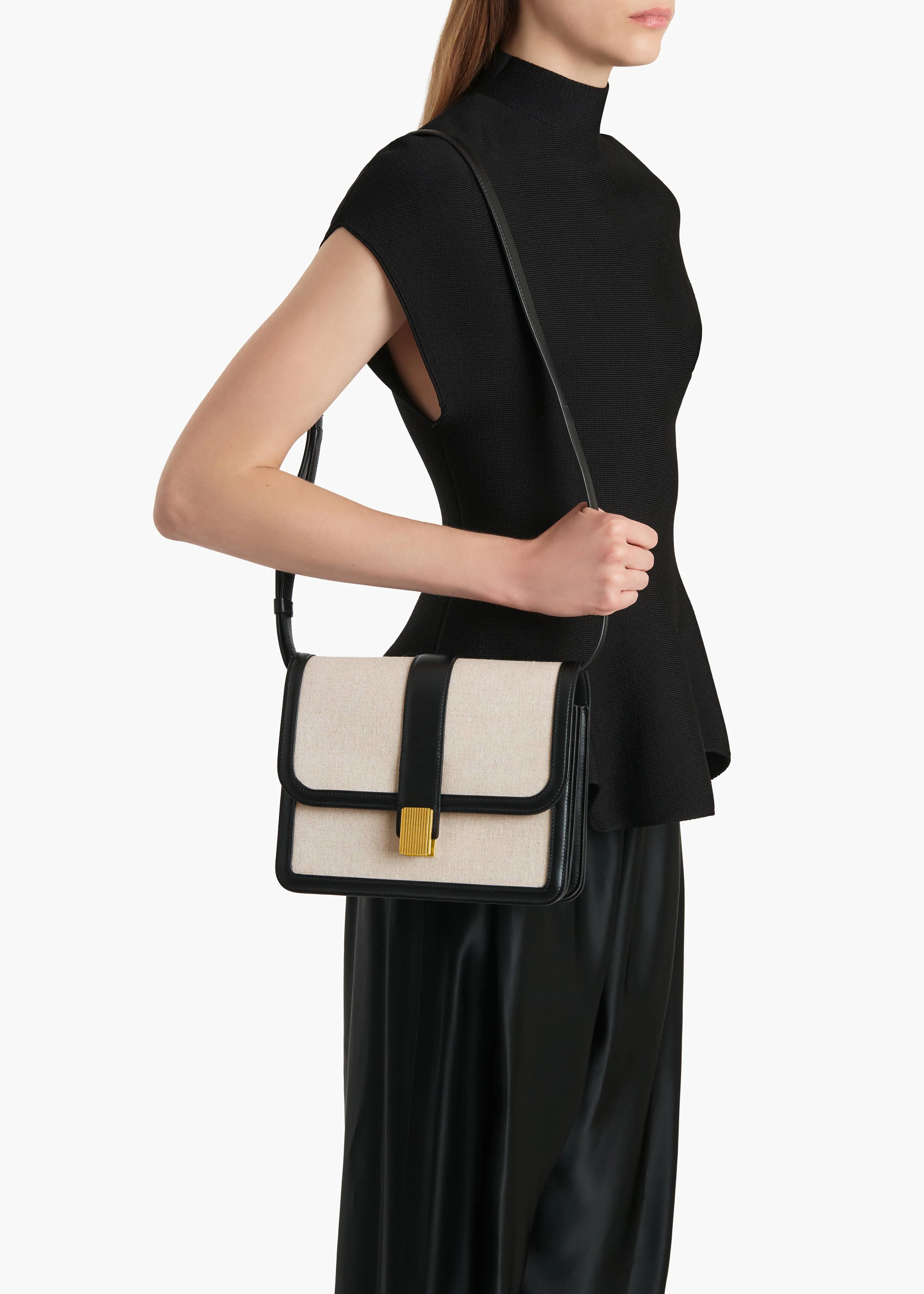 Blake Crossbody Bag in Black Leather with Natural Canvas - Image 5