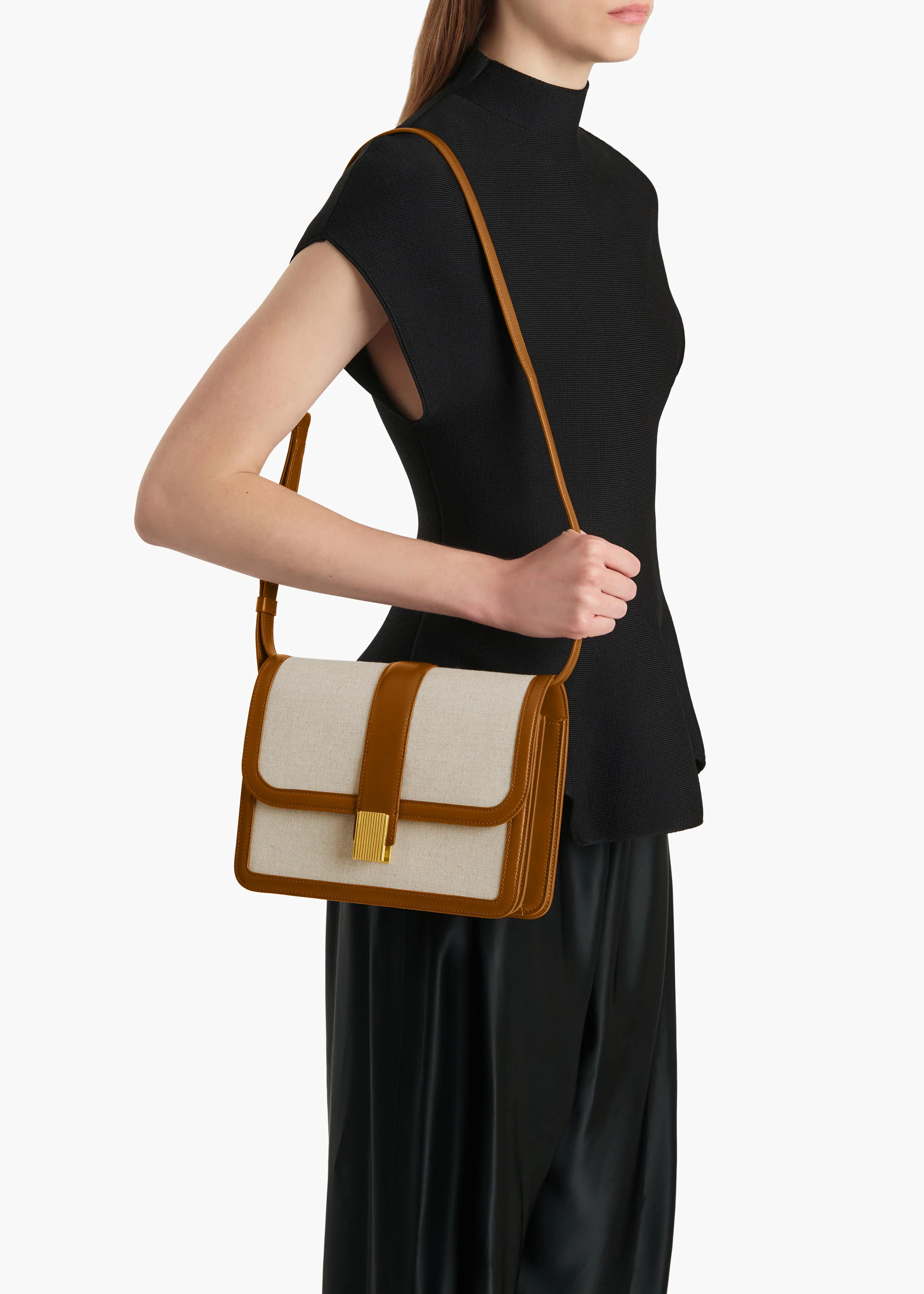 Blake Crossbody Bag in Dark Honey Leather with Natural Canvas - Image 5