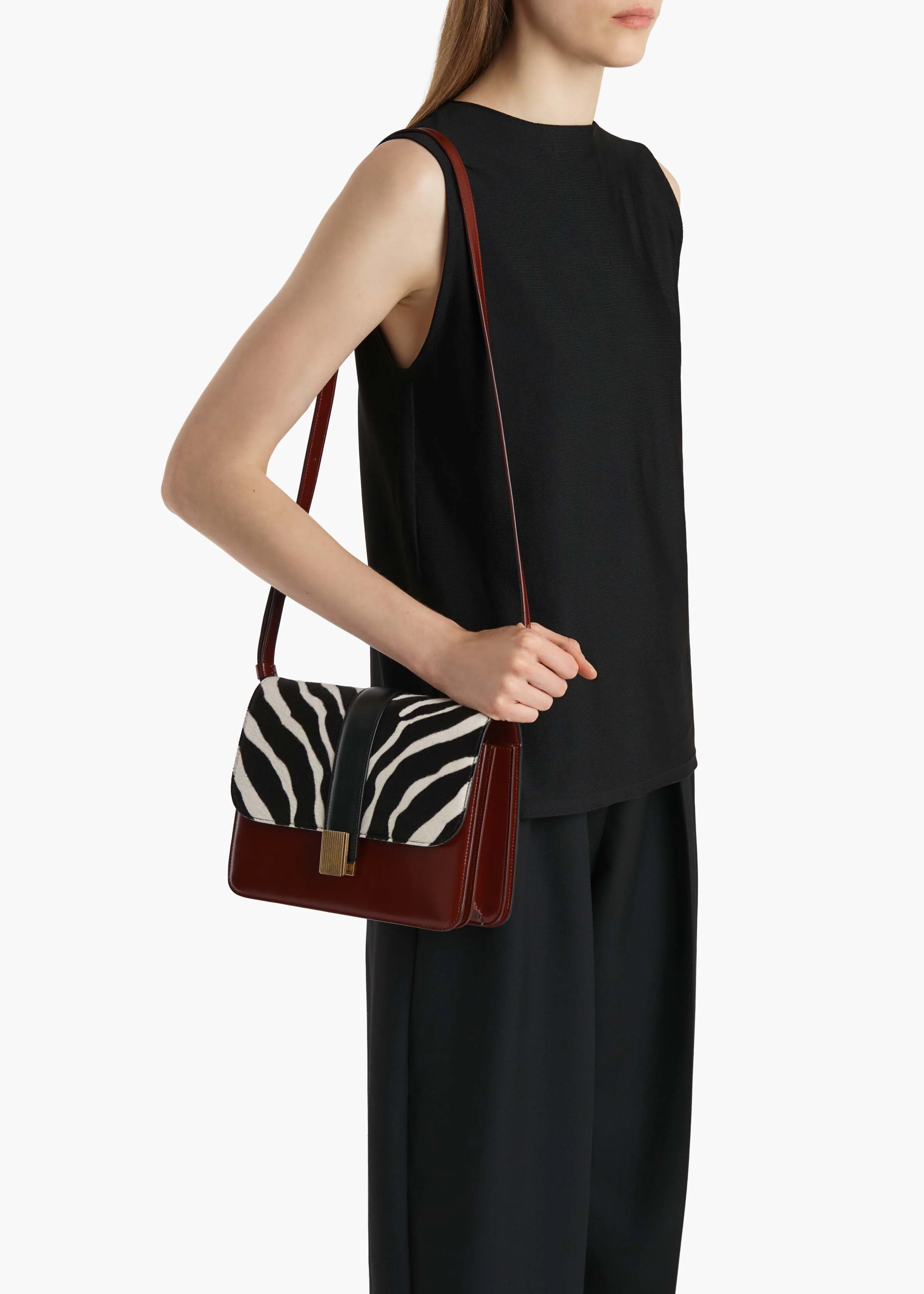 Blake Crossbody Bag in Zebra Print Haircalf and Oxblood Leather - Image 5