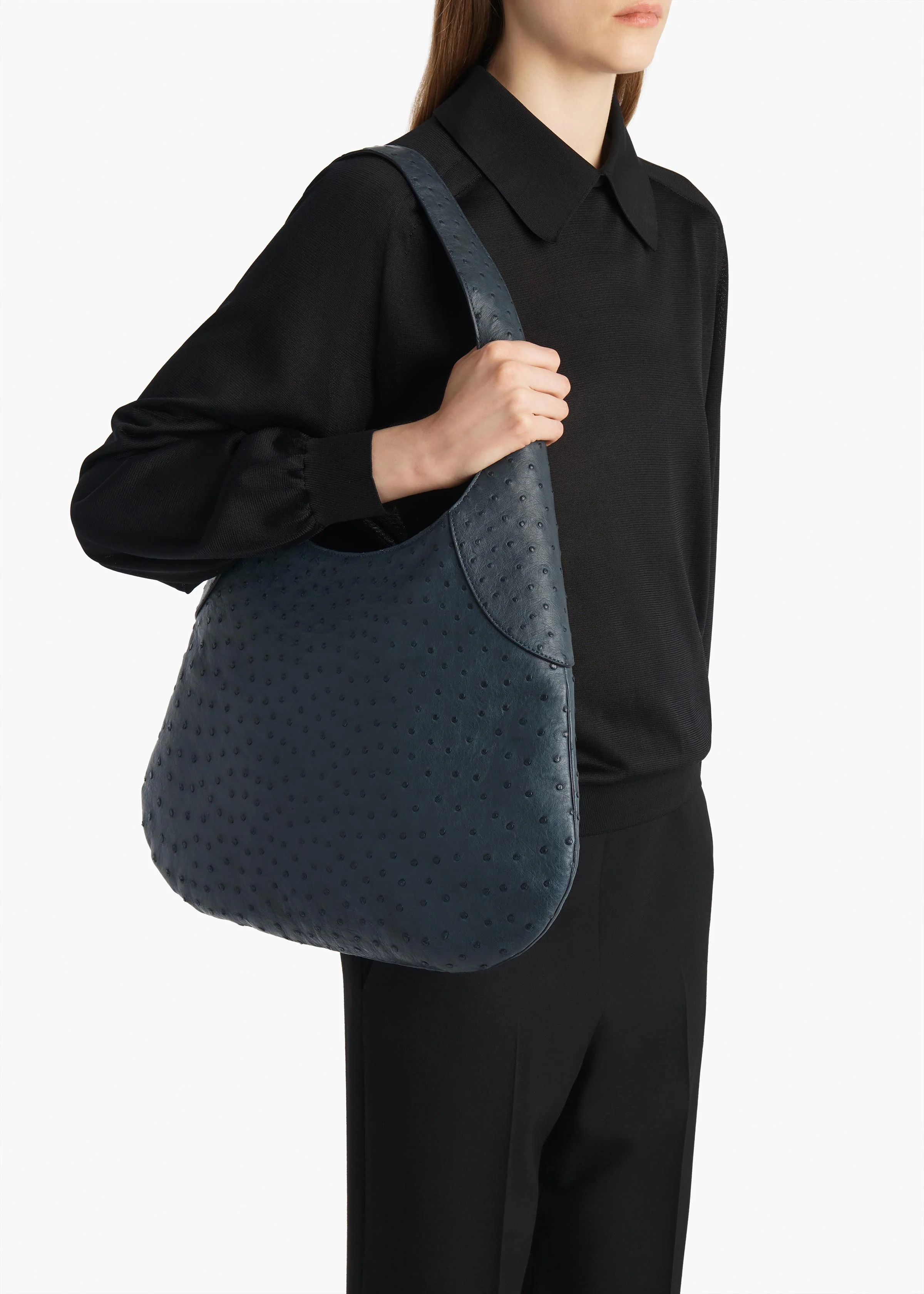 Large Joan Hobo in Midnight Navy Ostrich - Image 6