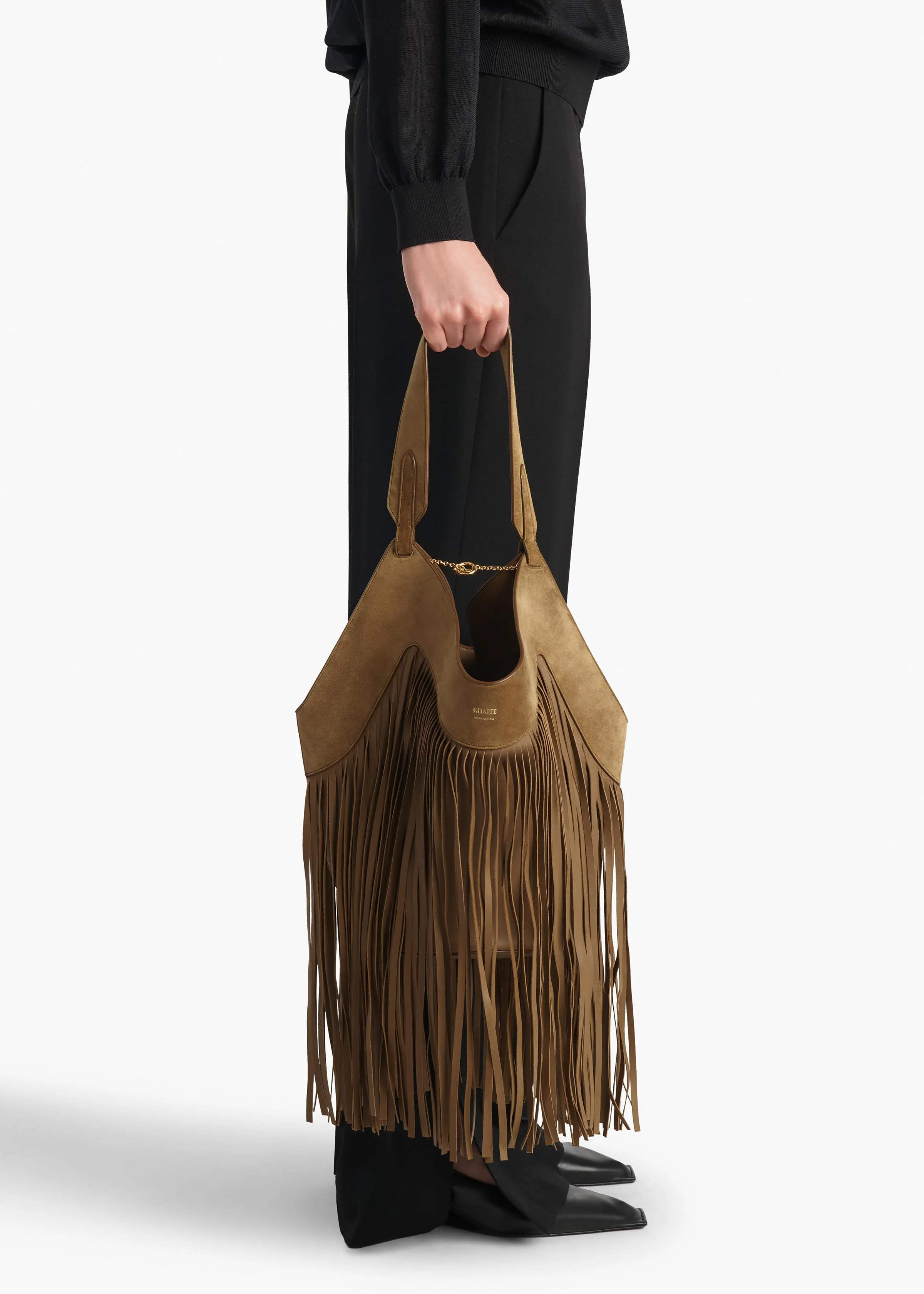Small Lotus Fringe Tote in Mud Suede - Image 5