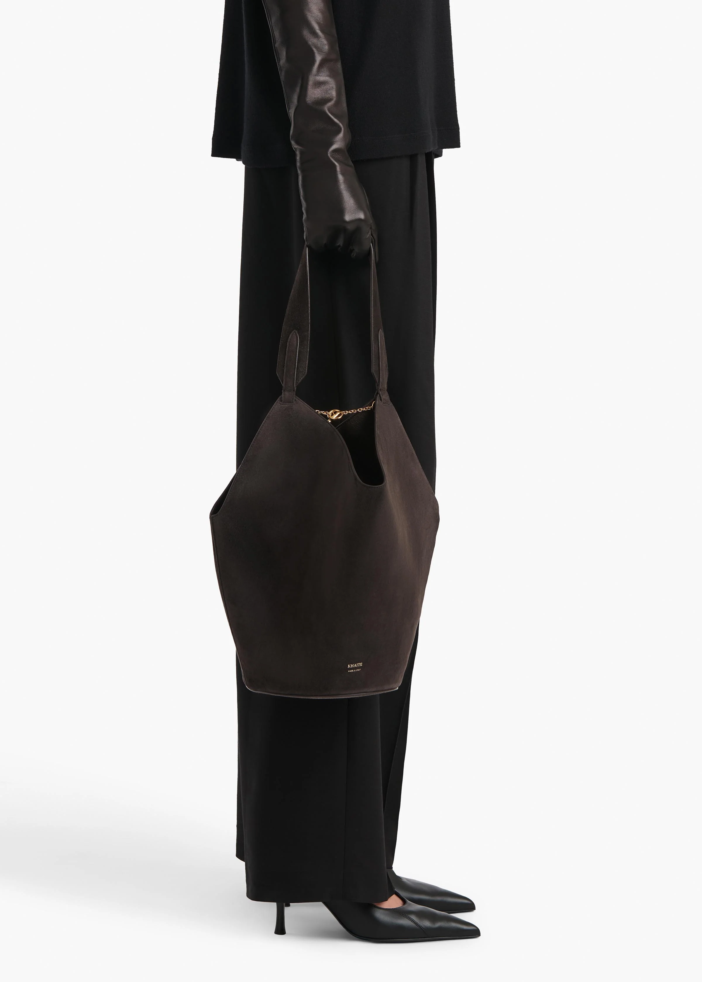 Small Lotus Tote in Dark Brown Suede - Image 5