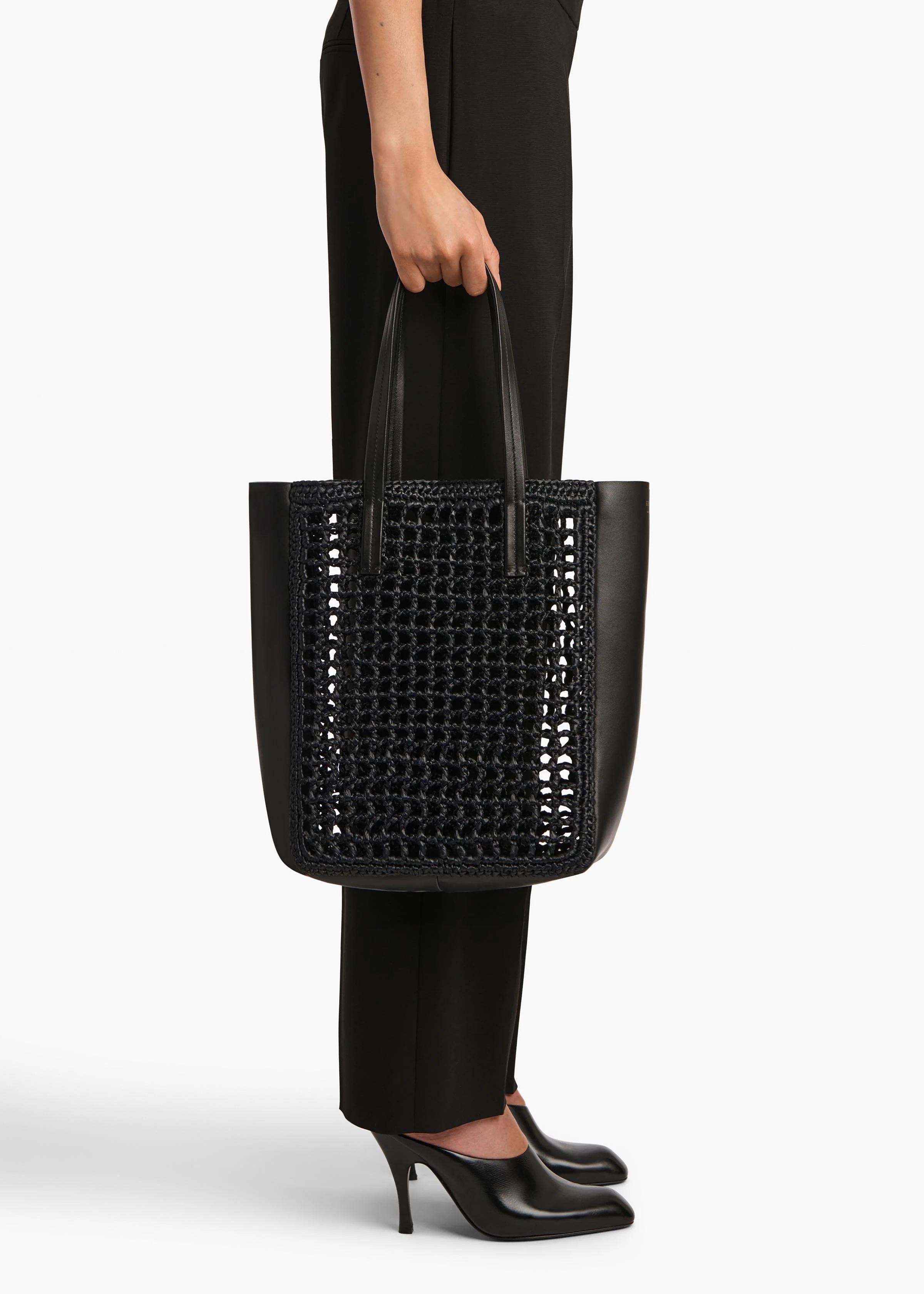 Small Zoe Tote in Black Raffia with Black Leather - Image 5